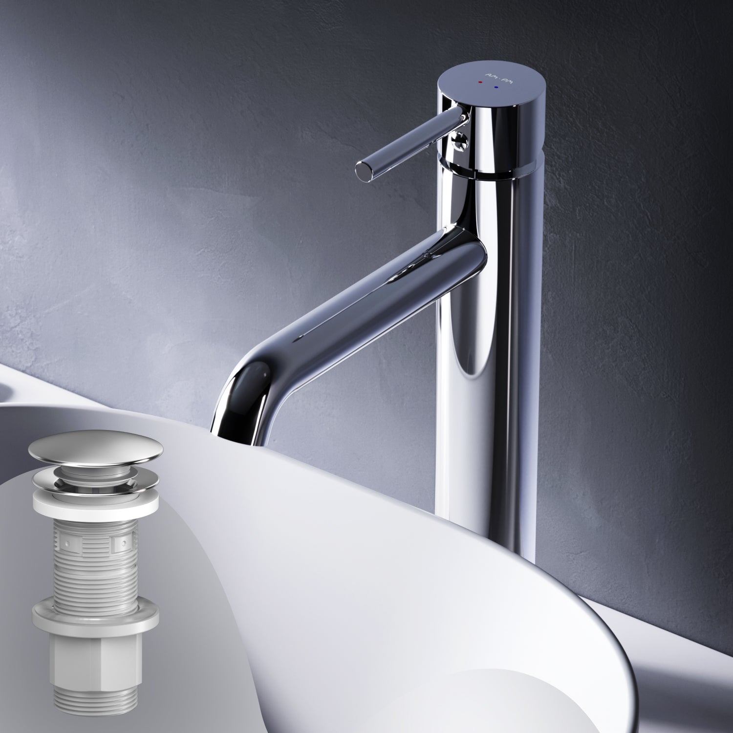 FPA92200 Bad Armatur Spike Waschtischarmatur Hoch mit Klick-Ablaufgarnitur Wasserhahn