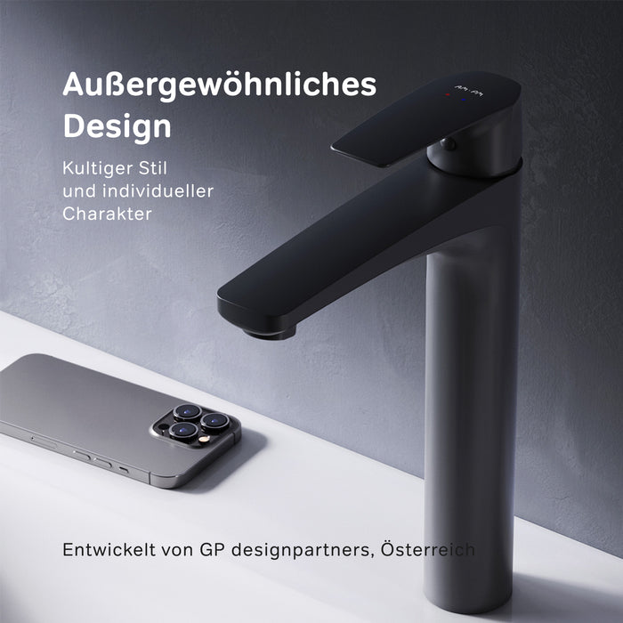 FGA92222 Bad Armatur Gem Waschtischarmatur Hoch mit Klick-Ablaufgarnitur Wasserhahn, Schwarz ampm-store.de
