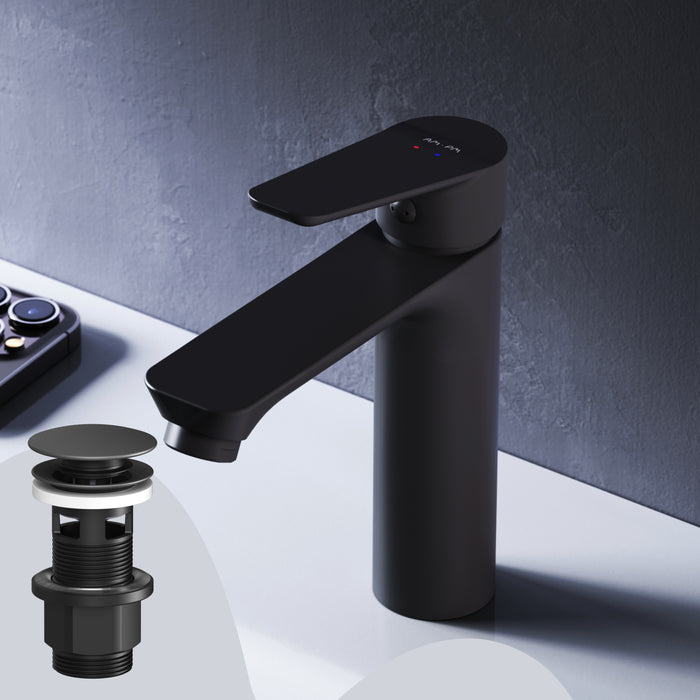 FTA82122 Bad Armatur Hit Waschtischarmatur S-Größe mit Klick-Ablaufgarnitur Wasserhahn, Schwarz ampm-store.de