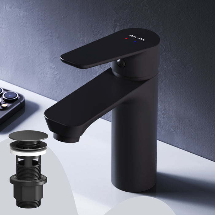 FTA82222 Bad Armatur Hit Waschtischarmatur M-Größe mit Klick-Ablaufgarnitur Wasserhahn, Schwarz ampm-store.de