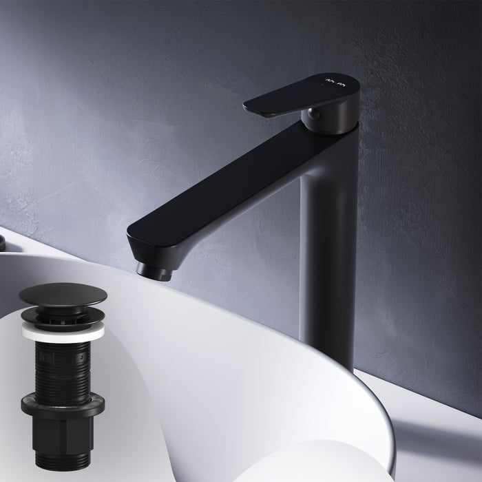 FTA92222 Bad Armatur Hit Waschtischarmatur Hoch mit Klick-Ablaufgarnitur Wasserhahn, Schwarz ampm-store.de