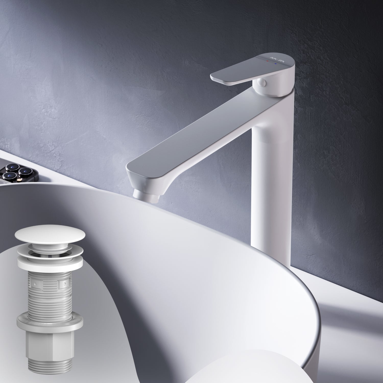 FTA92233 Bad Armatur Hit Waschtischarmatur Hoch mit Klick-Ablaufgarnitur Wasserhahn, Weiß ampm-store.de