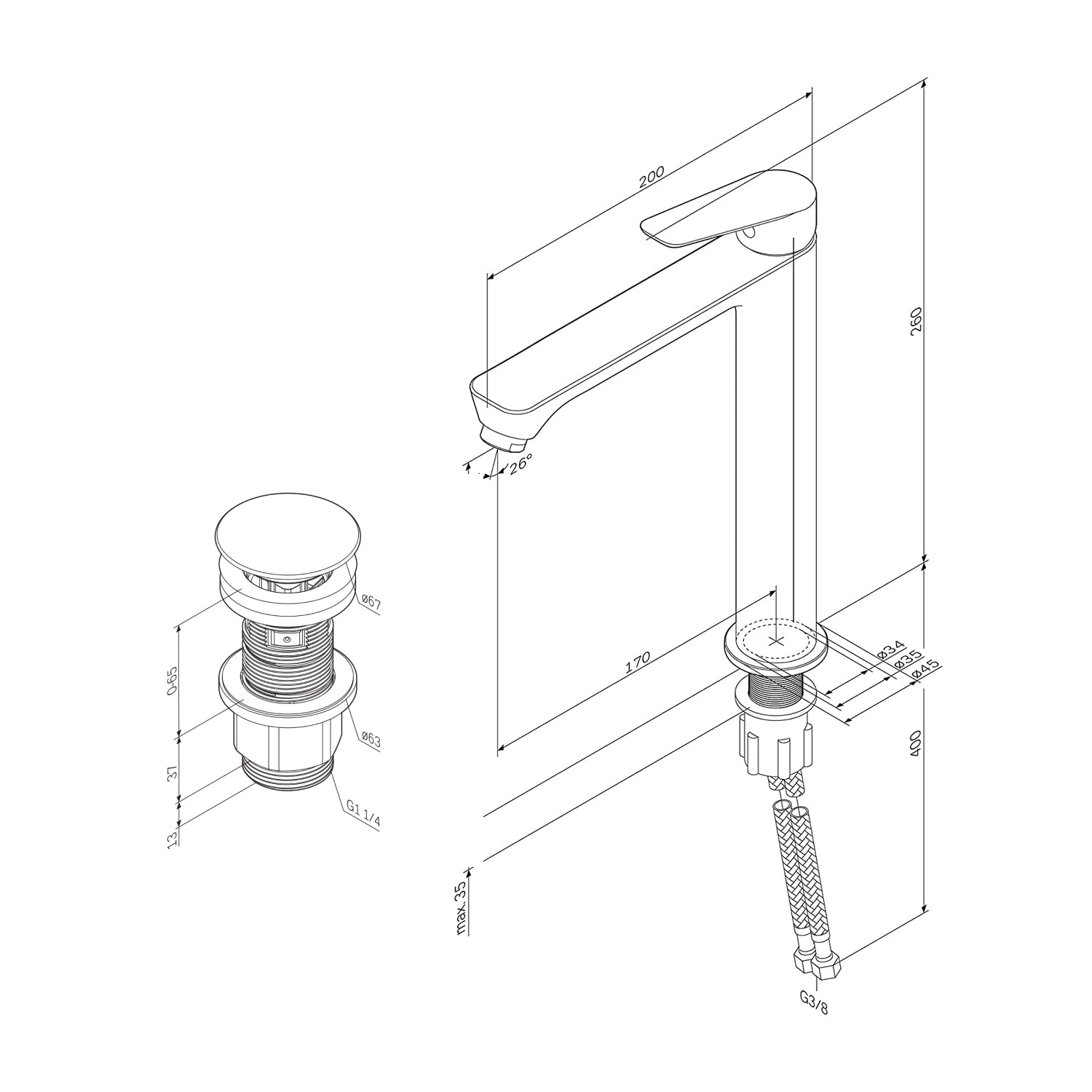 FTA92233 Bad Armatur Hit Waschtischarmatur Hoch mit Klick-Ablaufgarnitur Wasserhahn, Weiß ampm-store.de