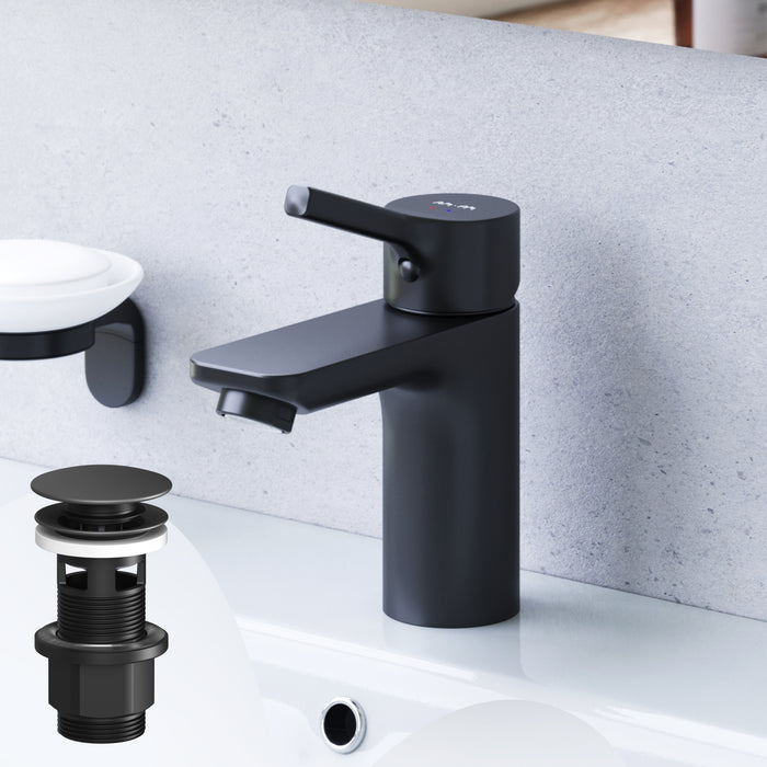 FXB82122 Bad Armatur X-Joy S Waschtischarmatur mit Klick-Ablaufgarnitur Wasserhahn, Schwarz ampm-store.de