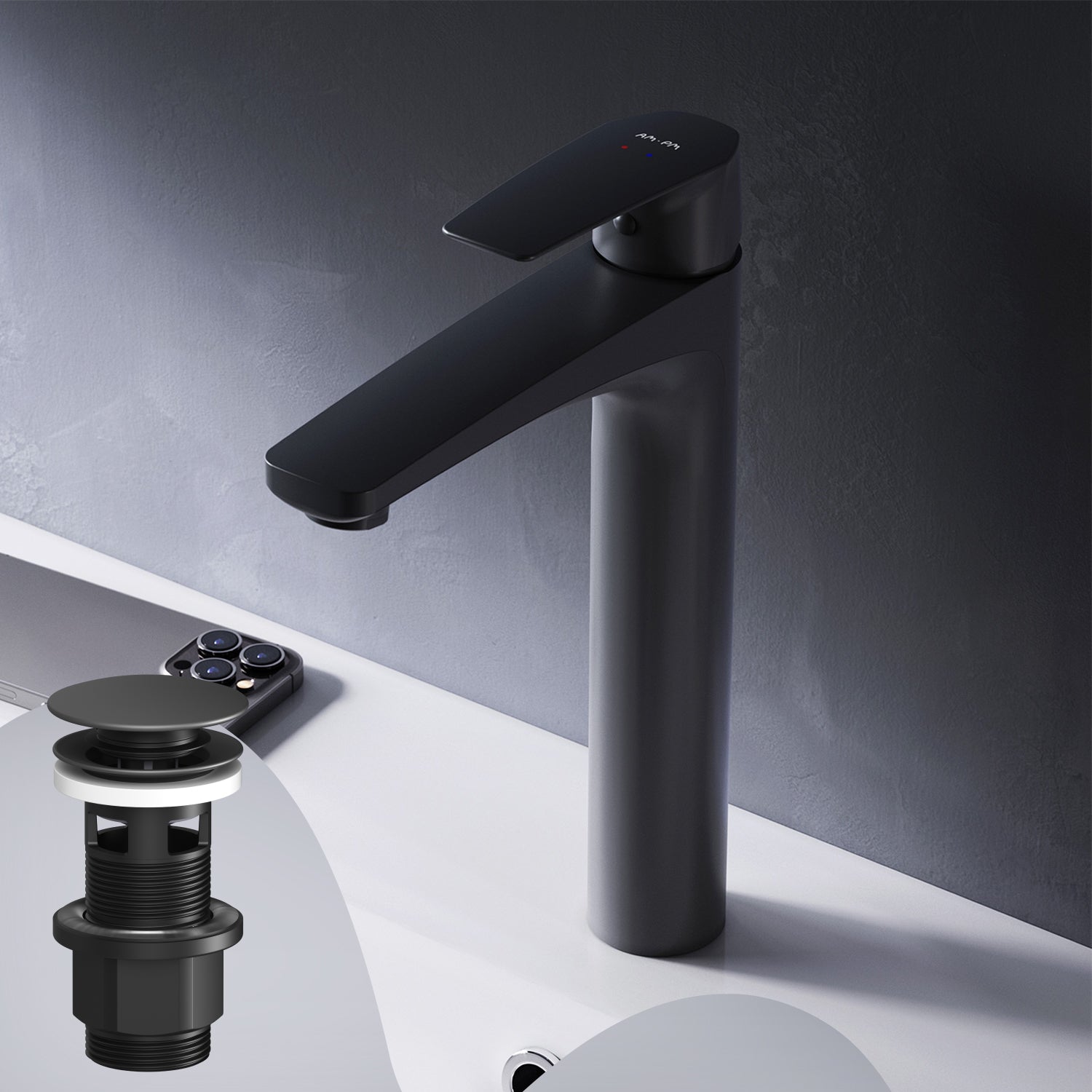 FGA92222 Bad Armatur Gem Waschtischarmatur Hoch mit Klick-Ablaufgarnitur Wasserhahn, Schwarz