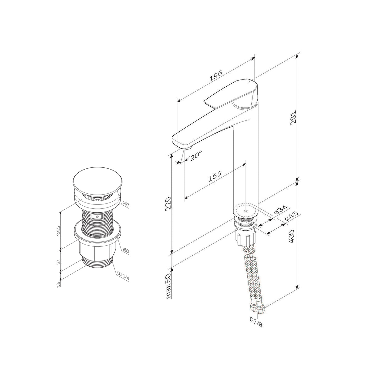 Robinet mitigeur de lavabo haut Gem avec bonde clic-clac, noir–FGA92222