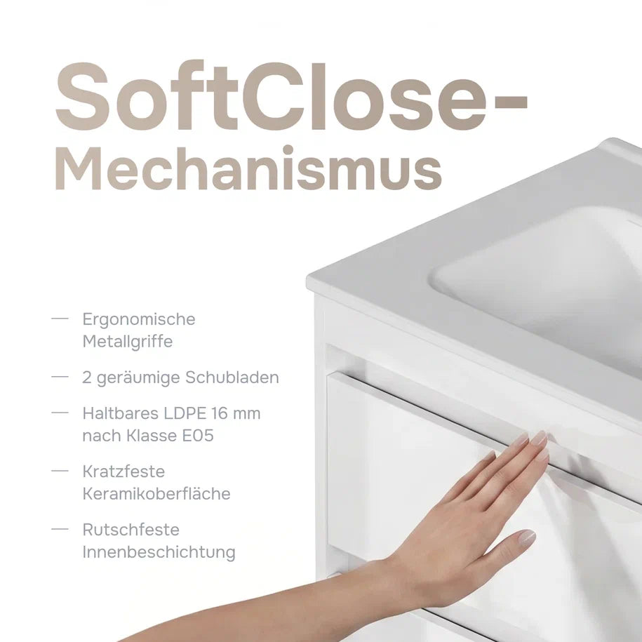 Ensemble de meubles de salle de bains avec lavabo et miroir rond à LED, 80 cm, 2 tiroirs, blanc brillant–MPA0802WGCMO4