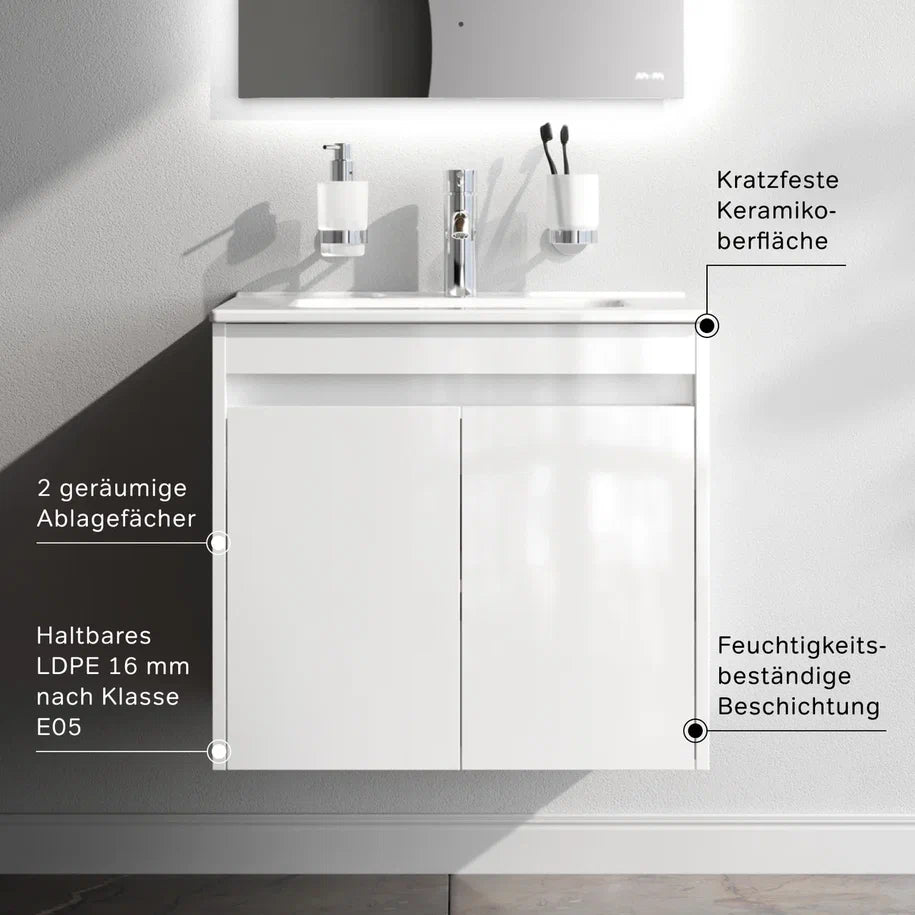 Ensemble de meubles de salle de bains avec lavabo et miroir de salle de bains LED, 60 cm, 2 portes, blanc brillant–MPA0601WGCMO1