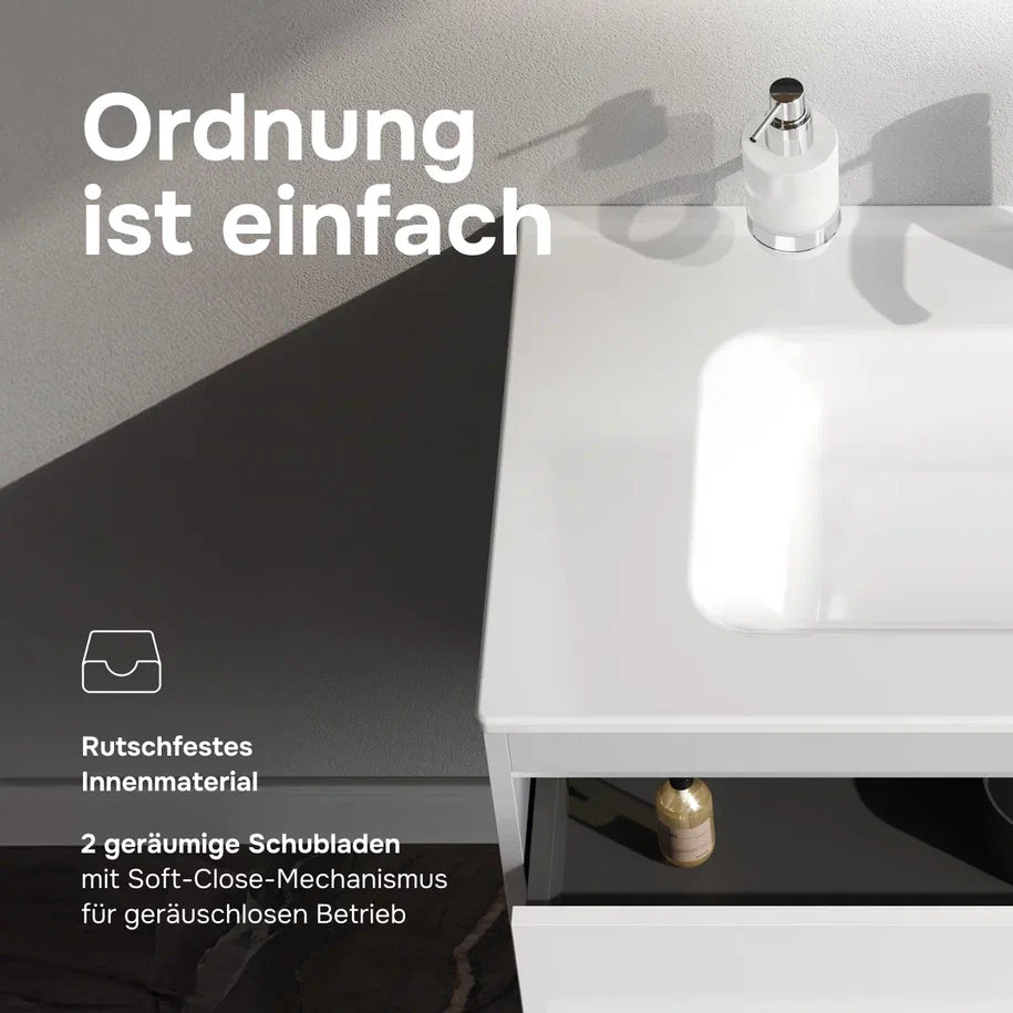Ensemble de meubles de salle de bains avec lavabo et miroir rond à LED, 80 cm, 2 tiroirs, blanc brillant–MPA0802WGCMO4