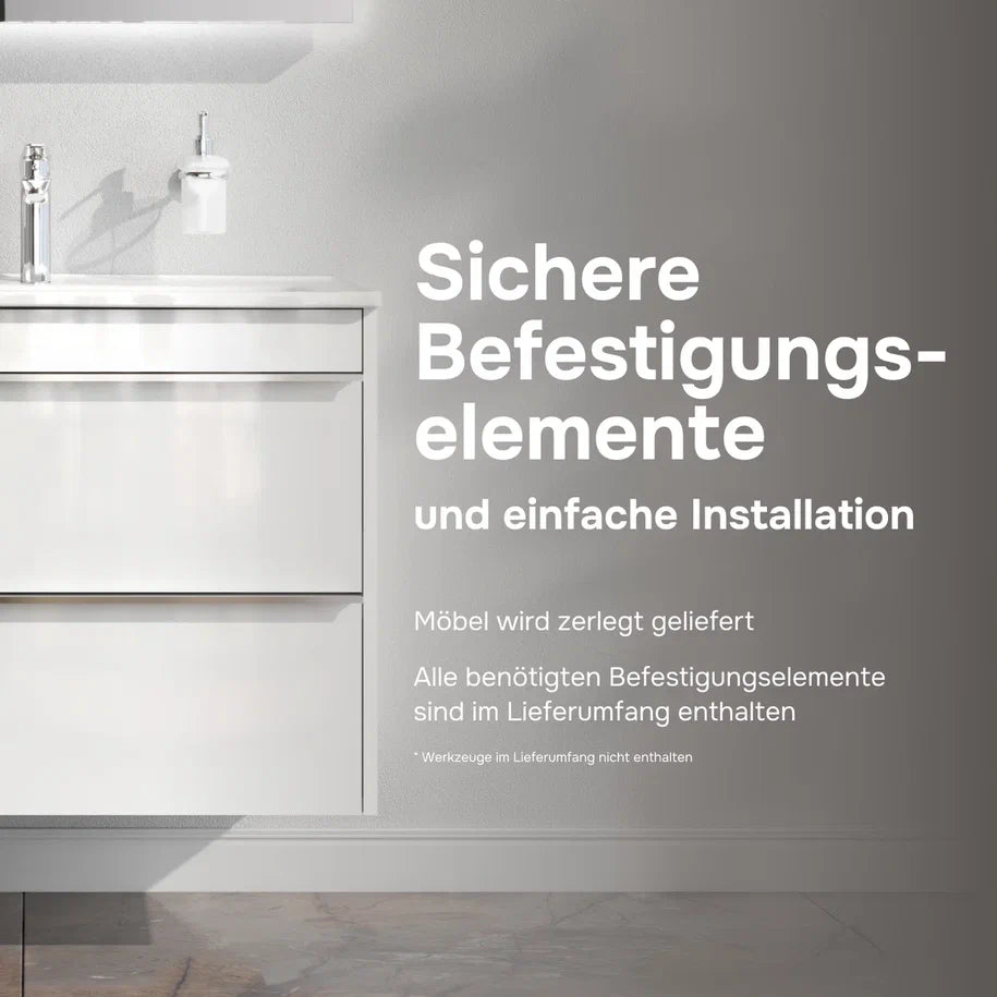 Ensemble de meubles de salle de bains avec lavabo et miroir rond à LED, 80 cm, 2 tiroirs, blanc brillant–MTA0802WGCMO4