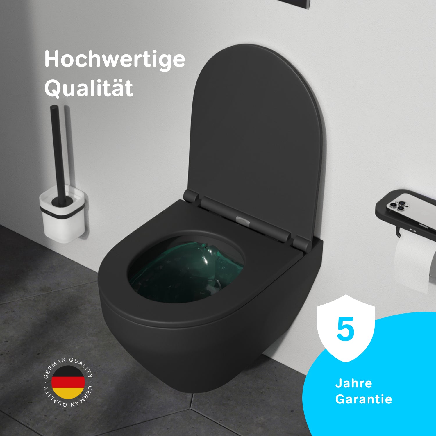 WC suspendu CSB1700MBSC avec abattant, système de nettoyage Spirit FlashClean, chasse d'eau profonde, sans bride, avec couvercle, noir