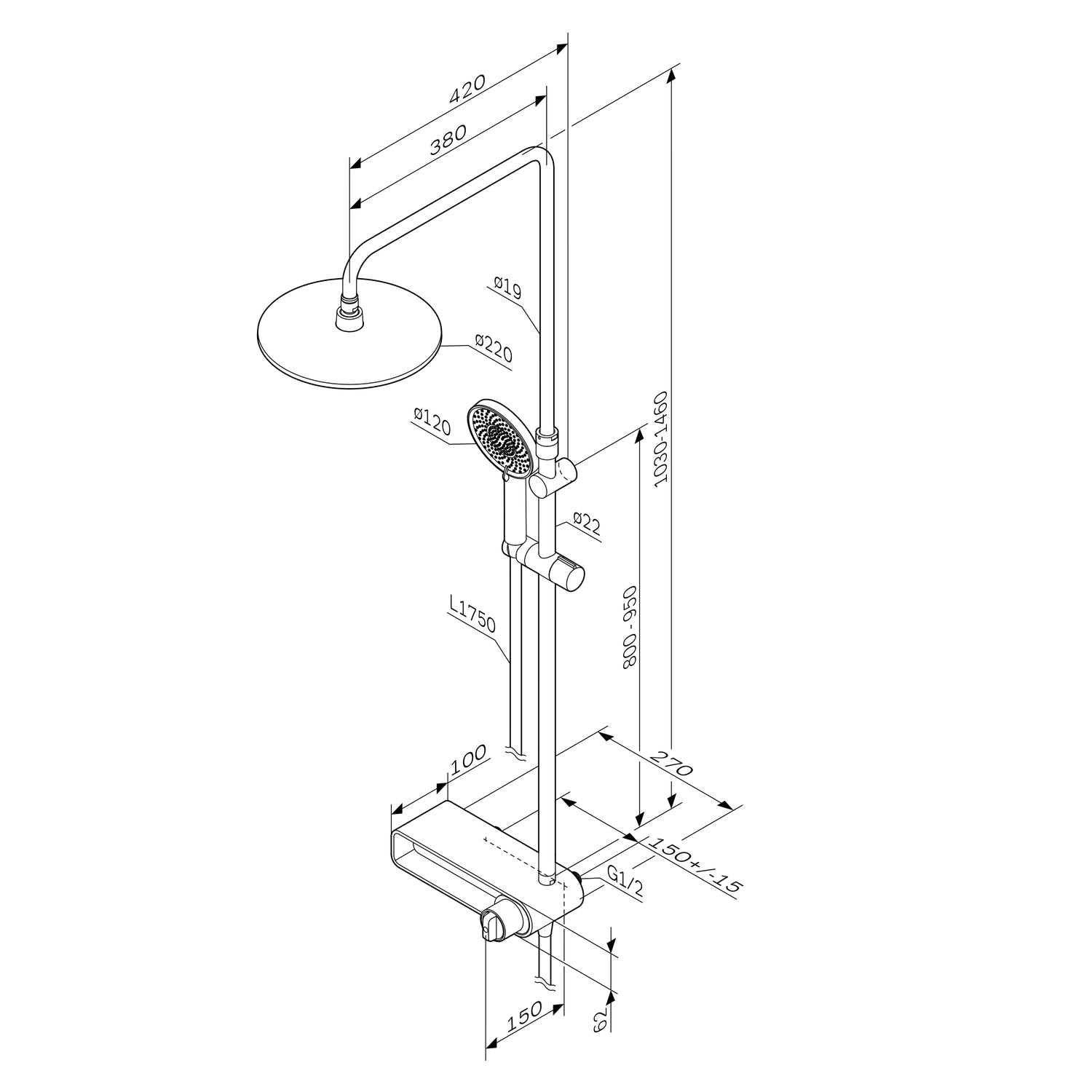 Colonne de douche avec robinet thermostatique et étagère X-Joy F0785A600 Set de douche à effet pluie