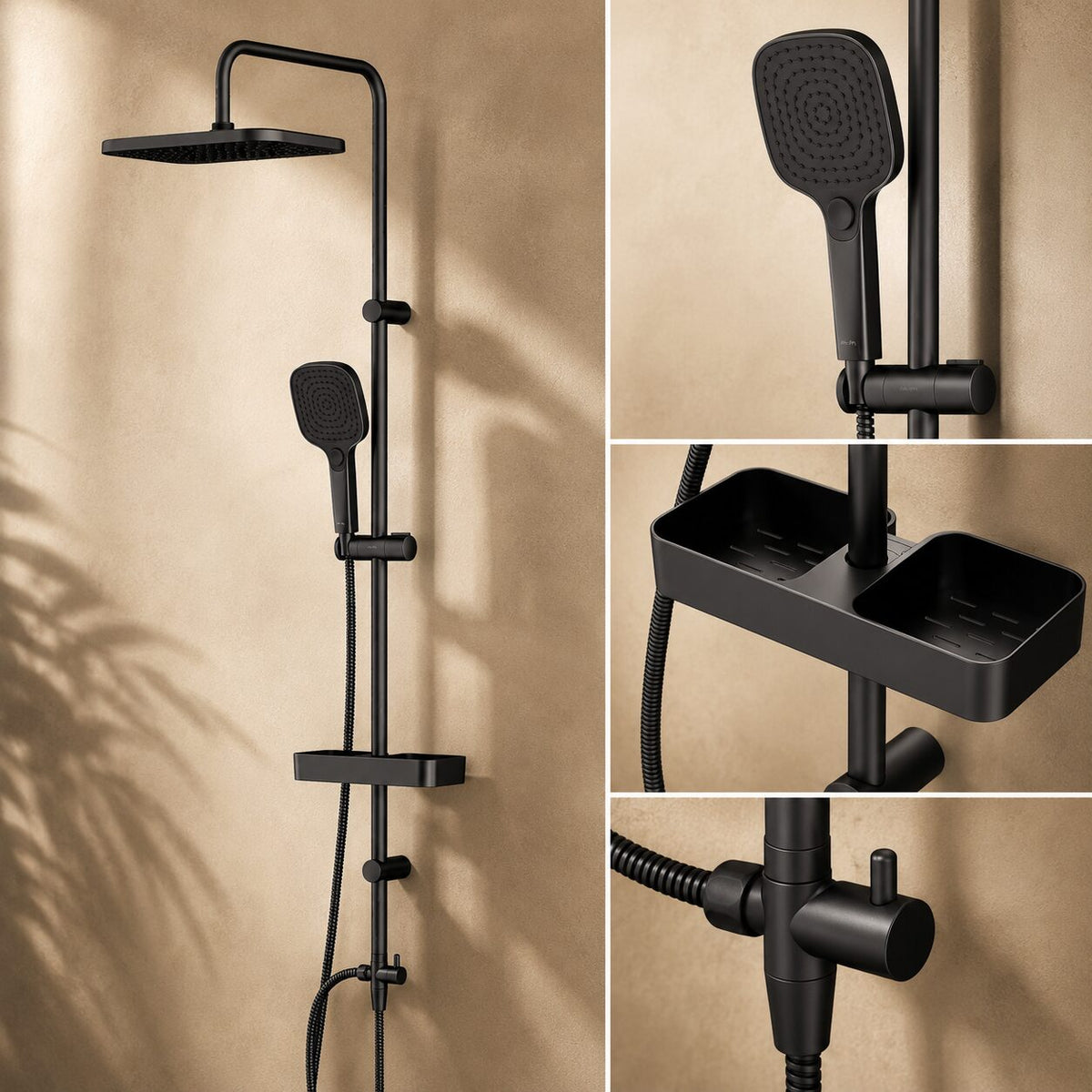 Système de douche Play avec douche à effet pluie et étagère de douche, noir–F078W222