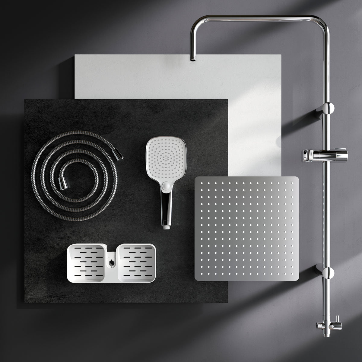 Système de douche ludique avec douche à effet pluie et étagère de douche–F078X203