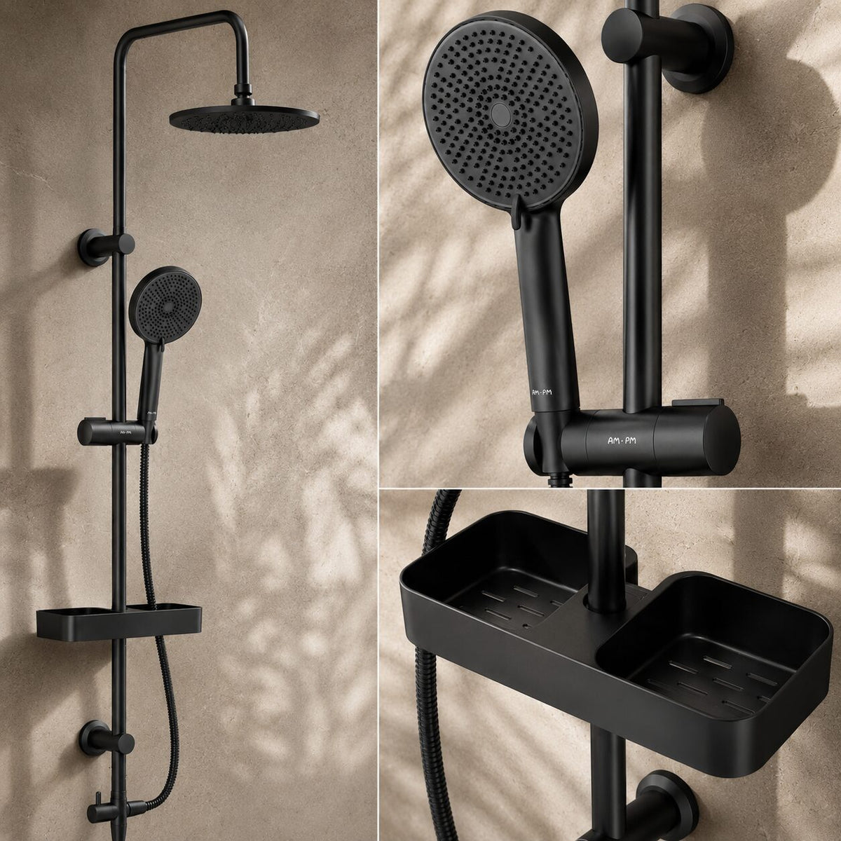 Système de douche Play avec pommeau de douche effet pluie et étagère de douche, noir–F078Y222