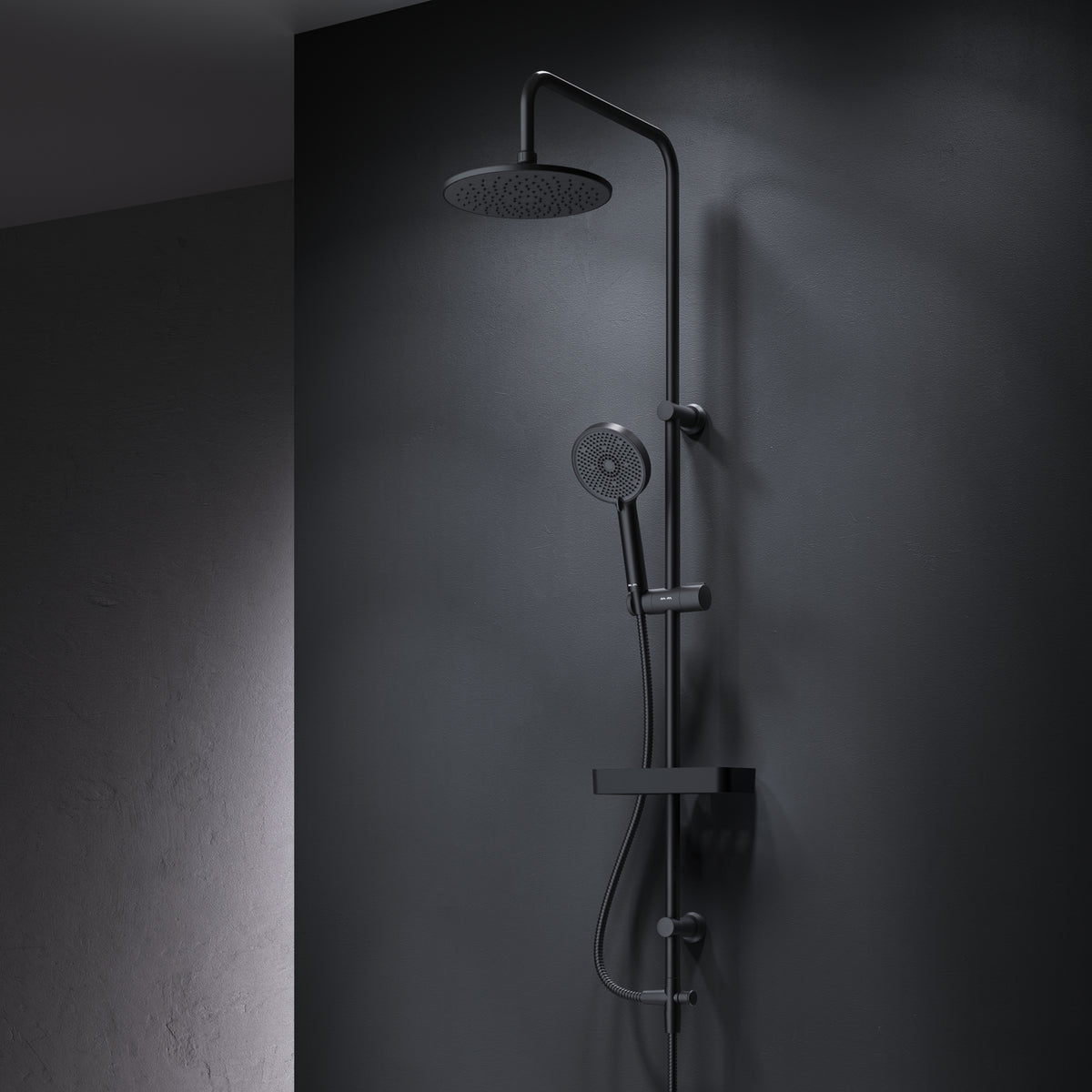 Système de douche Play avec pommeau de douche effet pluie et étagère de douche, noir–F078Y222