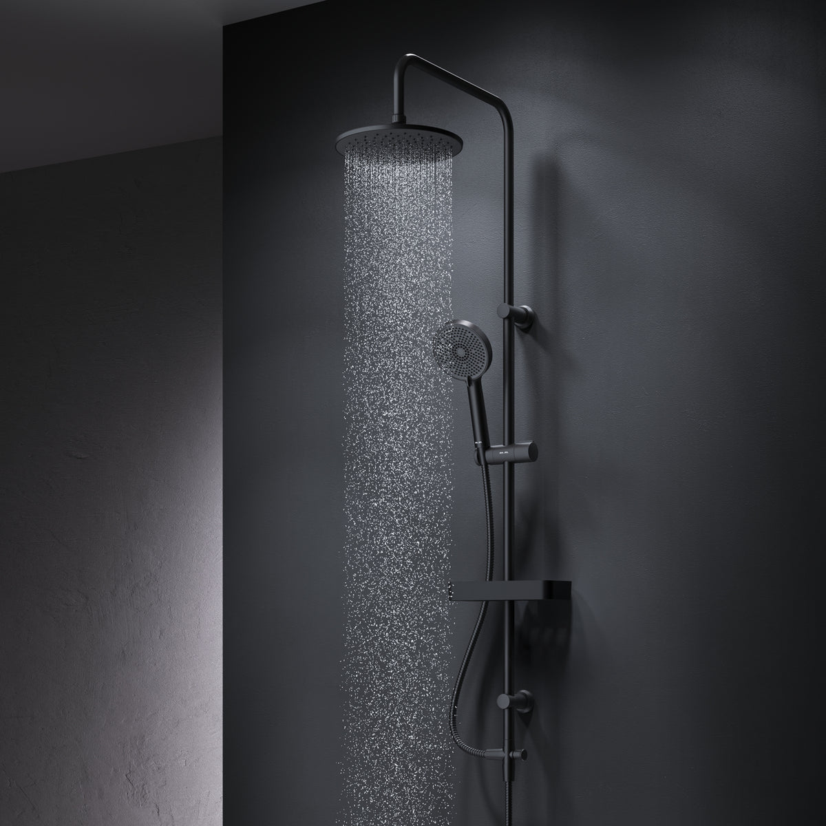 Système de douche Play avec pommeau de douche effet pluie et étagère de douche, noir–F078Y222