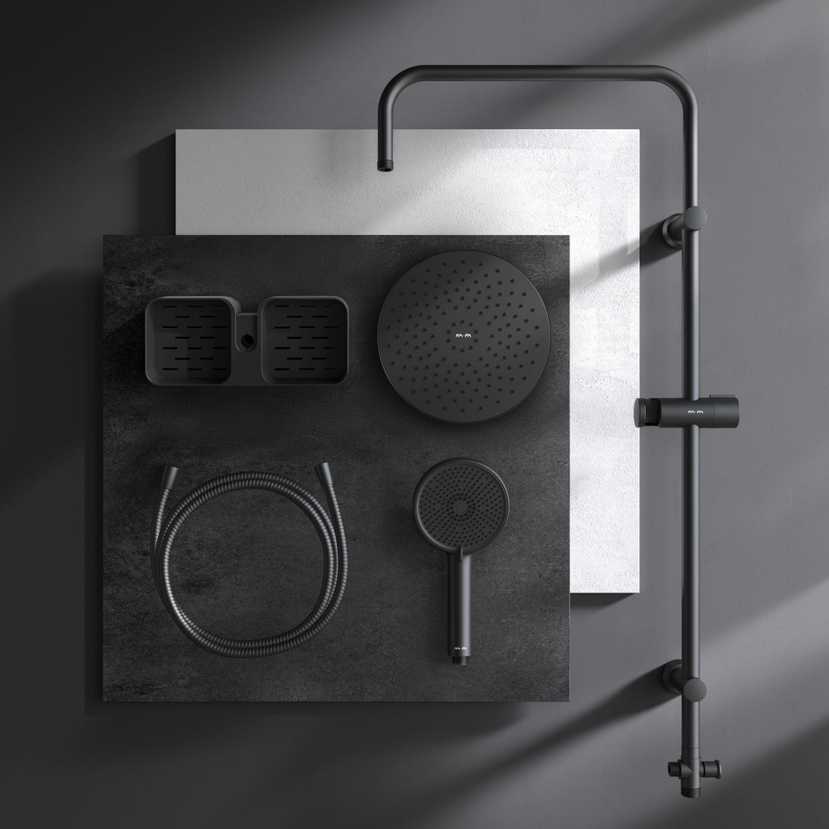 Système de douche Play avec pommeau de douche effet pluie et étagère de douche, noir–F078Y222