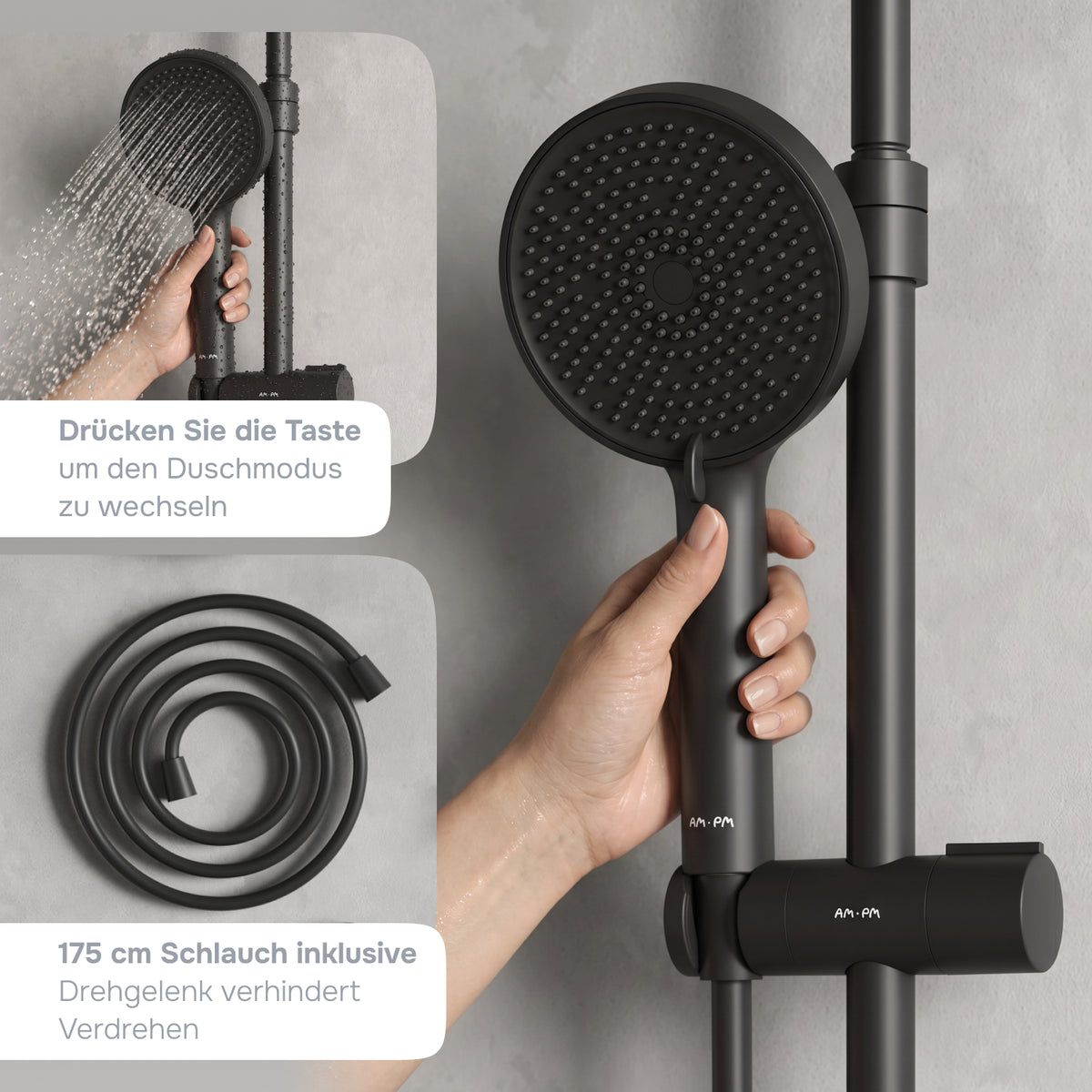 Système de douche Play avec thermostat et pommeau de douche effet pluie, noir–F078Z422