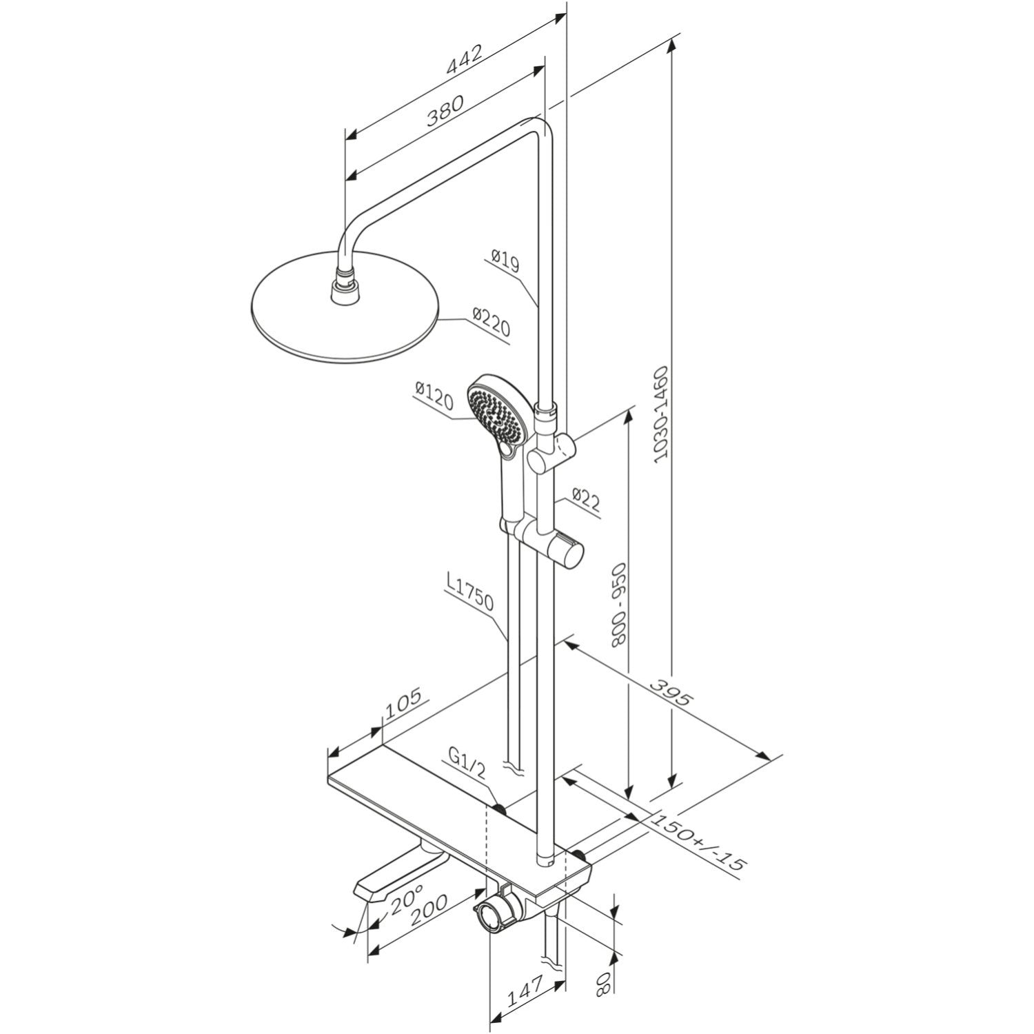 F079H700 Système de douche avec mitigeur à étagère Ensemble de douche à effet pluie Flash colonne de douche