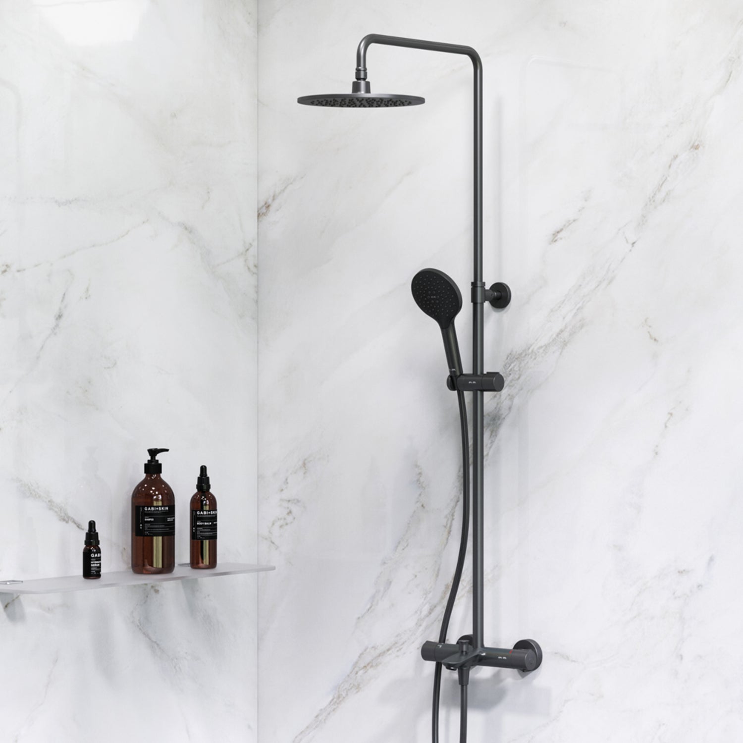 F07LA522 Duschsystem mit Thermostat Armatur und Wanneneinlauf Like Regendusche set Duschsäule, Schwarz ampm-store.de