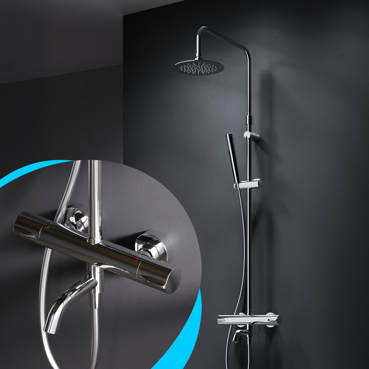 F07PA500 Duschsystem mit Thermostat Armatur und Wanneneinlauf Spike Regendusche set Duschsäule