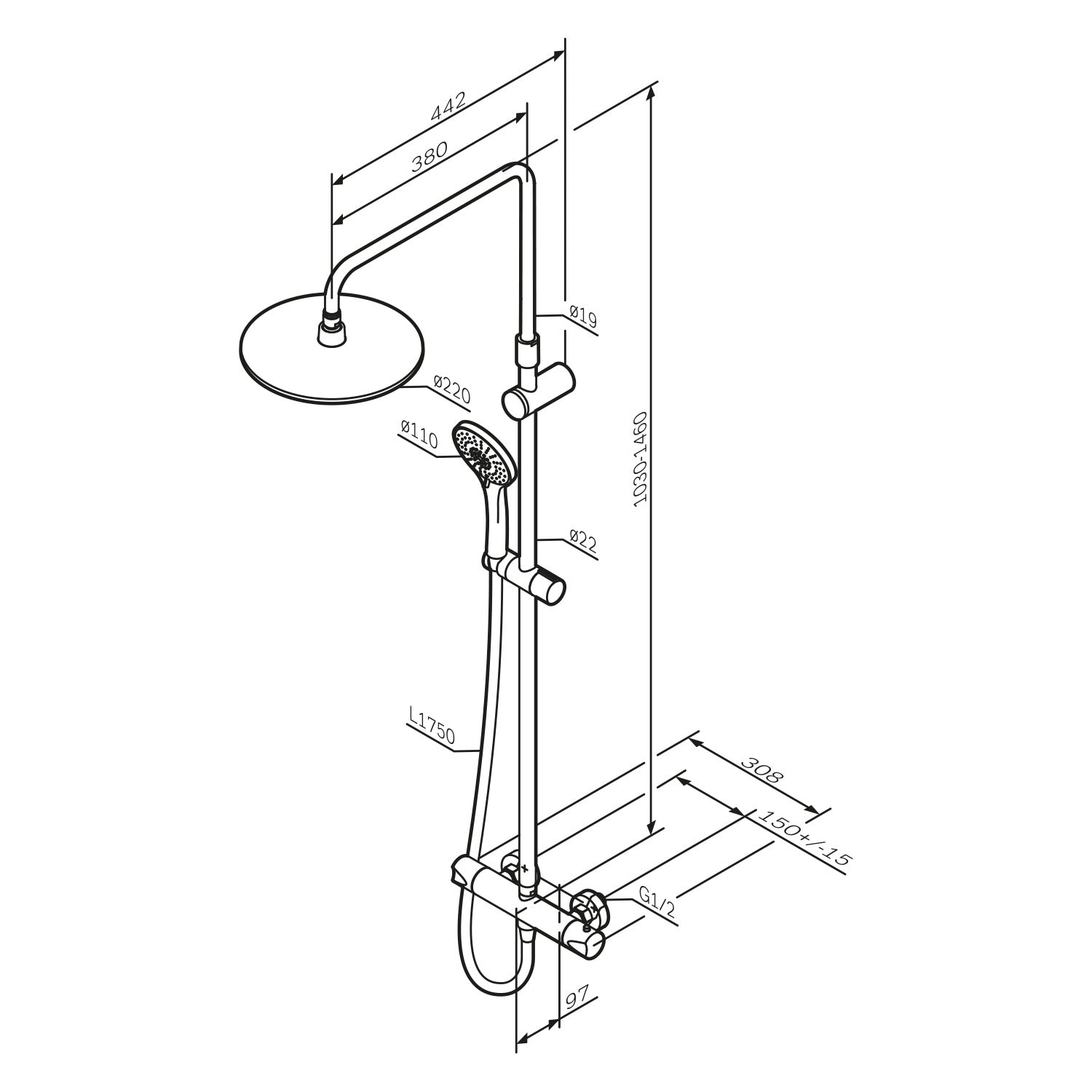 F07TA422 Hit Spot de douche avec thermostat Robinet de douche, Noir