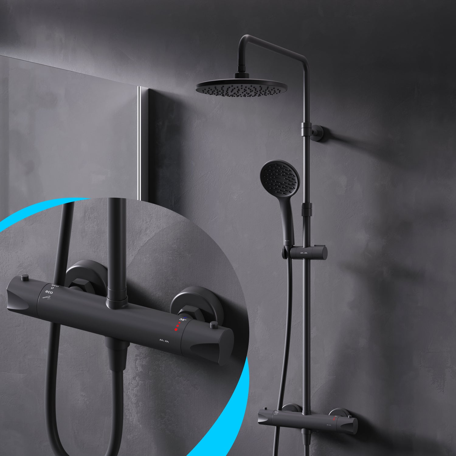 F07TA422 Duschsystem mit Thermostat Duscharmatur Hit Regendusche set Duschsäule, Schwarz