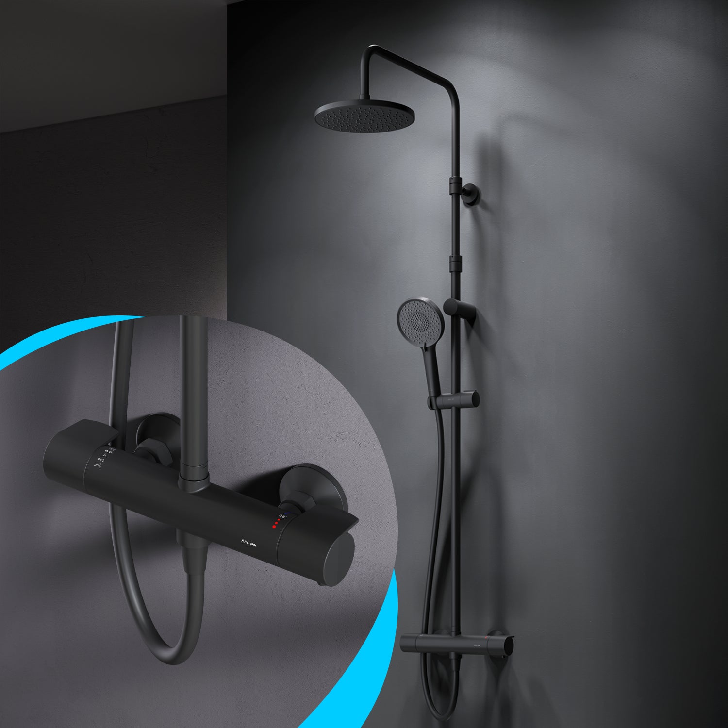 F07XA422 Duschsystem mit Thermostat Duscharmatur X-Joy Regendusche set Duschsäule, Schwarz