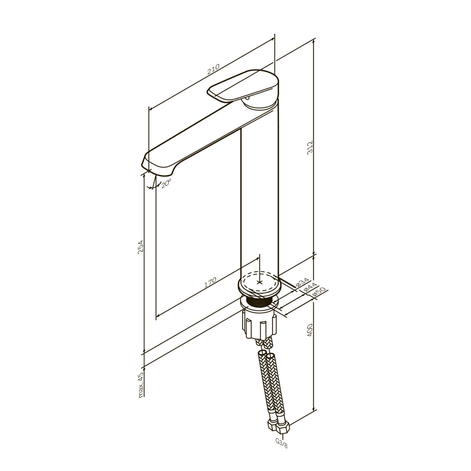 Robinet de salle de bain F8F92000, robinet de lavabo avec bec haut