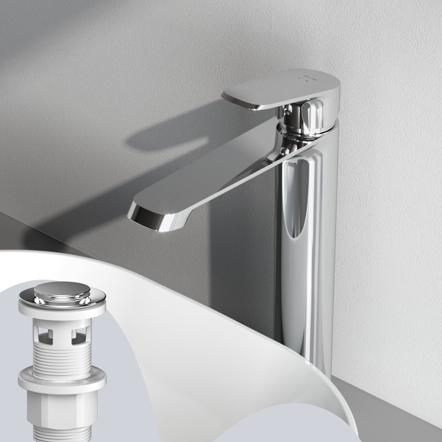 Robinet de salle de bain F8F92200 avec robinet de lavabo haut et bonde à clic. 