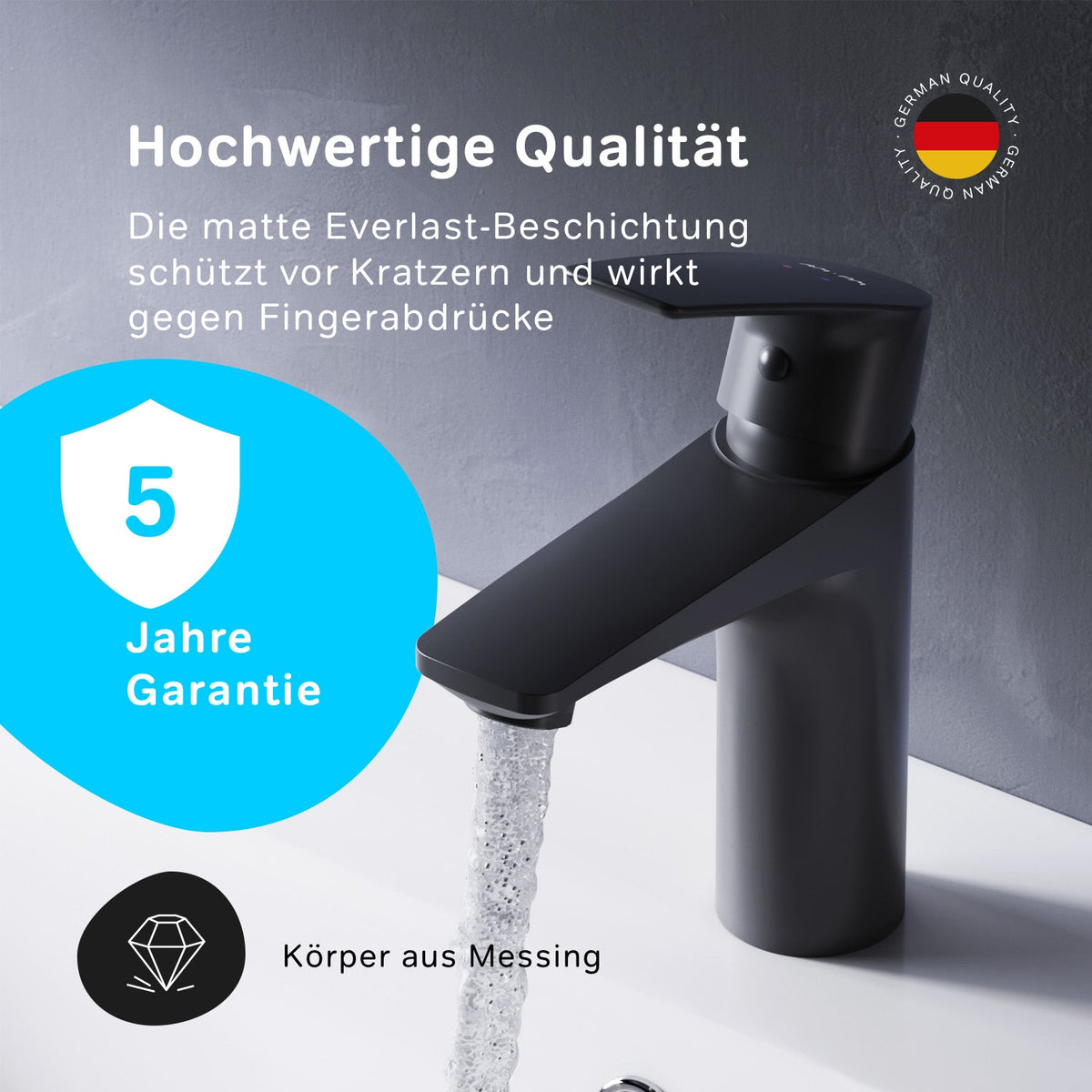 FGA82122 Bad Armatur Gem Waschtischarmatur mit Klick-Ablaufgarnitur Wasserhahn, Schwarz ampm-store.de