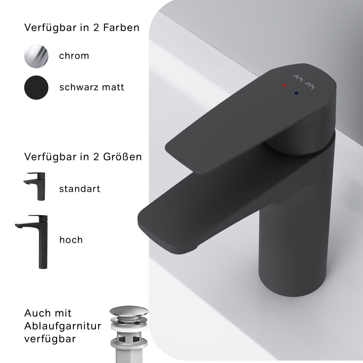 FGA82122 Bad Armatur Gem Waschtischarmatur mit Klick-Ablaufgarnitur Wasserhahn, Schwarz ampm-store.de