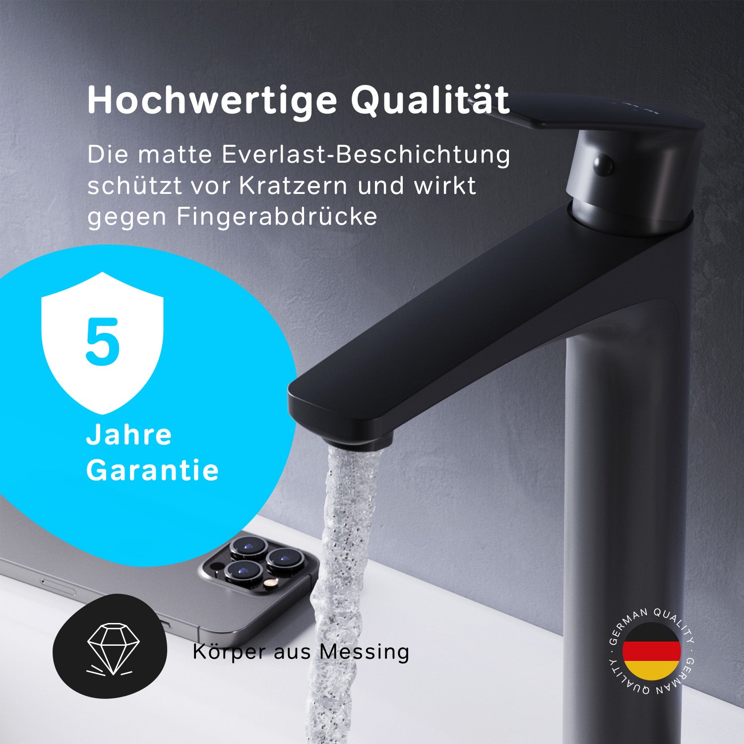 FGA92022 Bad Armatur Gem Waschtischarmatur mit hohem Auslauf Wasserhahn, Schwarz ampm-store.de