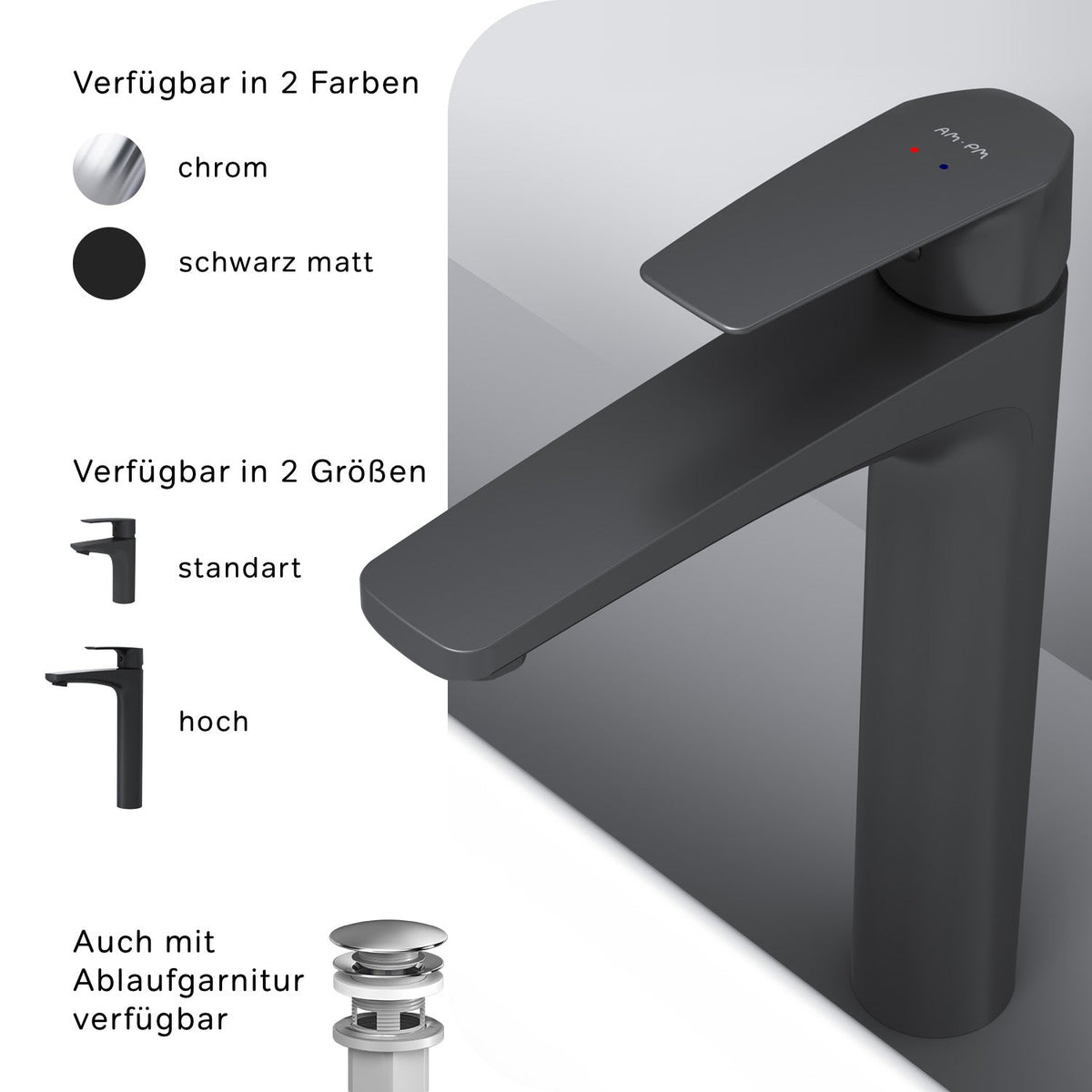 FGA92222 Bad Armatur Gem Waschtischarmatur Hoch mit Klick-Ablaufgarnitur Wasserhahn, Schwarz ampm-store.de