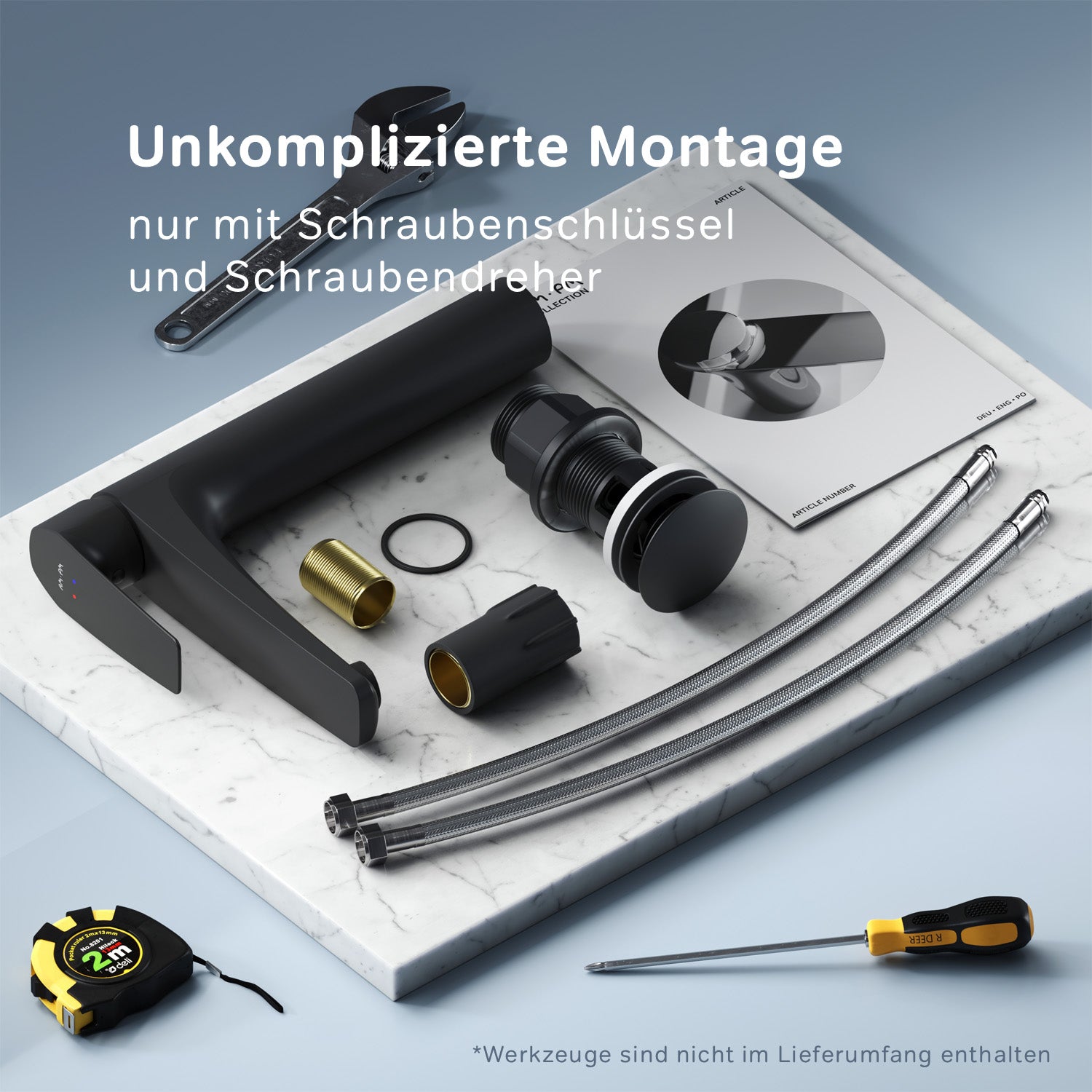 FGA92222 Bad Armatur Gem Waschtischarmatur Hoch mit Klick-Ablaufgarnitur Wasserhahn, Schwarz ampm-store.de