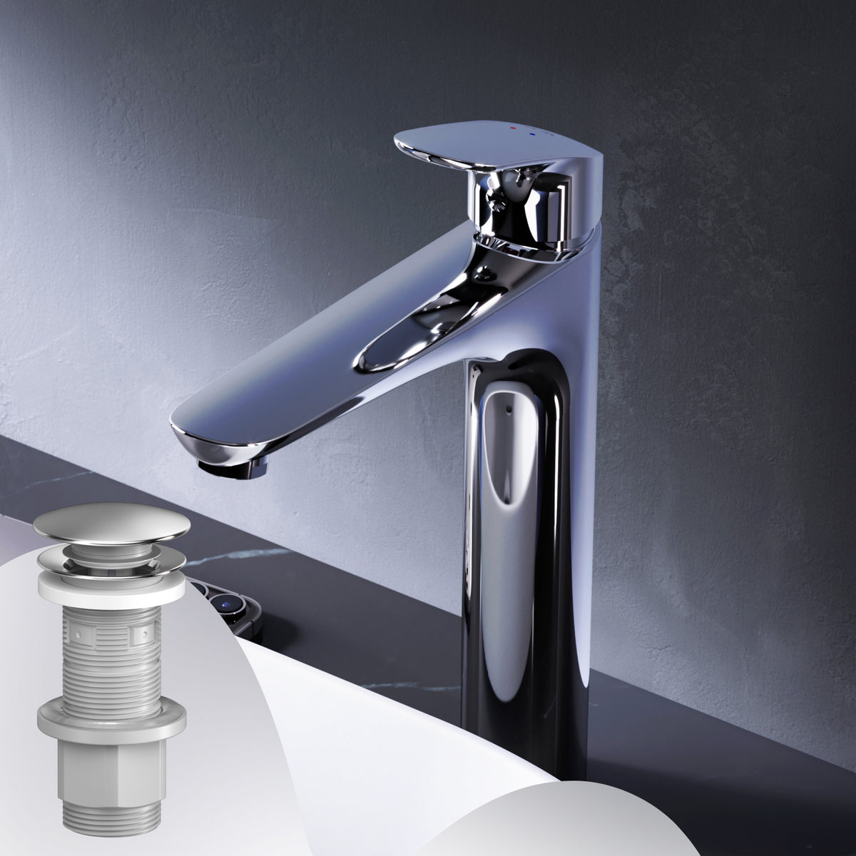 FLA92200 Bad Armatur Like Waschtischarmatur Hoch mit Klick-Ablaufgarnitur Wasserhahn ampm-store.de