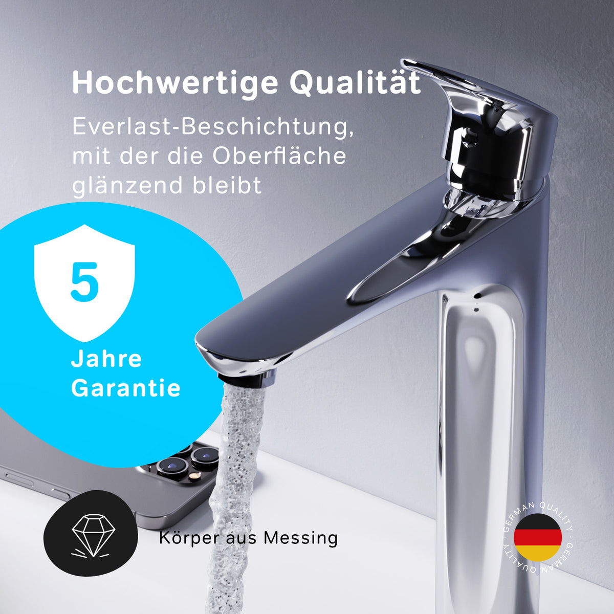 FLA92200 Bad Armatur Like Waschtischarmatur Hoch mit Klick-Ablaufgarnitur Wasserhahn ampm-store.de