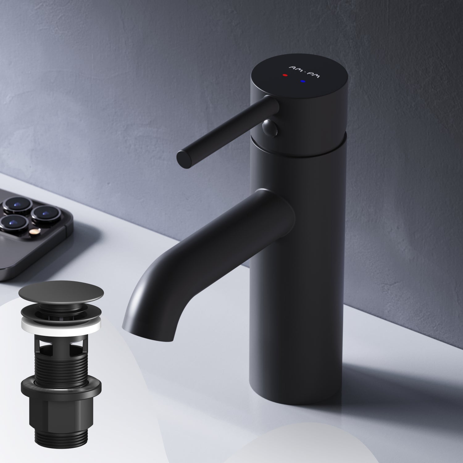 FPA82122 Bad Armatur Spike Waschtischarmatur mit Klick-Ablaufgarnitur Wasserhahn, Schwarz