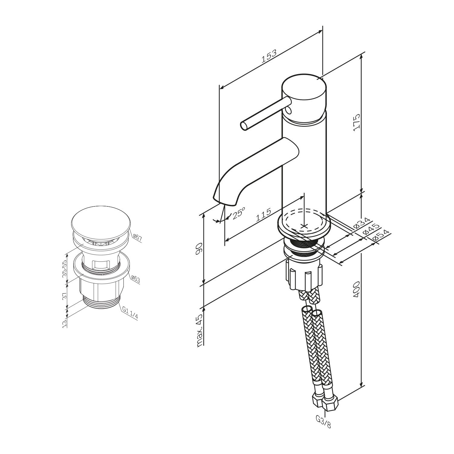 FPA82122 Bad Armatur Spike Waschtischarmatur mit Klick-Ablaufgarnitur Wasserhahn, Schwarz