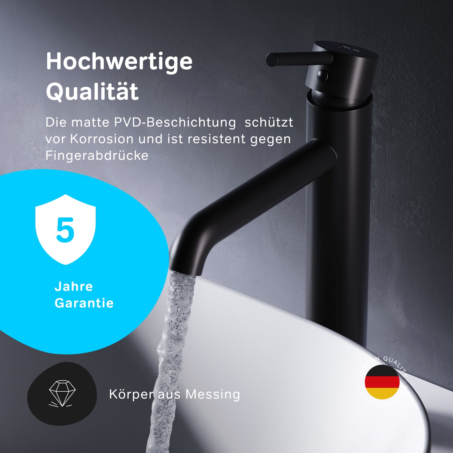 FPA92022 Bad Armatur Spike Waschtischarmatur mit hohem Auslauf Wasserhahn Schwarz