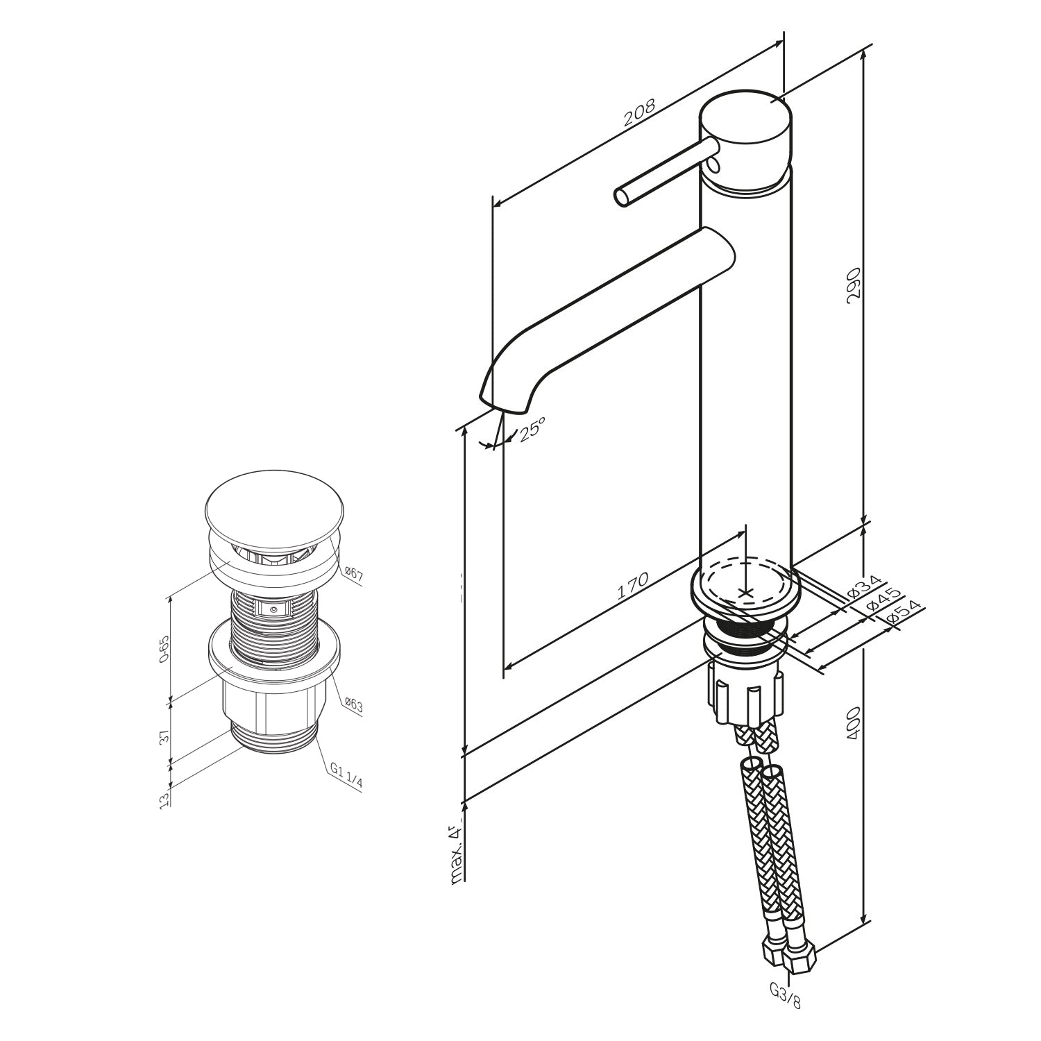 FPA92222 Bad Armatur Spike Waschtischarmatur Hoch mit Klick-Ablaufgarnitur Wasserhahn Schwarz