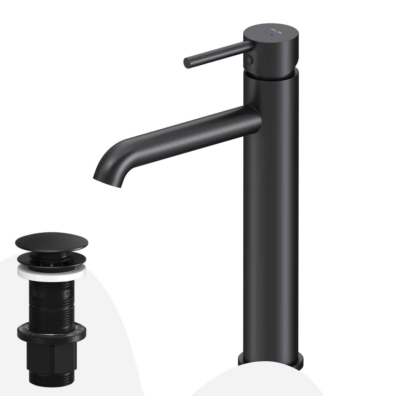 FPA92222 Bad Armatur Spike Waschtischarmatur Hoch mit Klick-Ablaufgarnitur Wasserhahn Schwarz