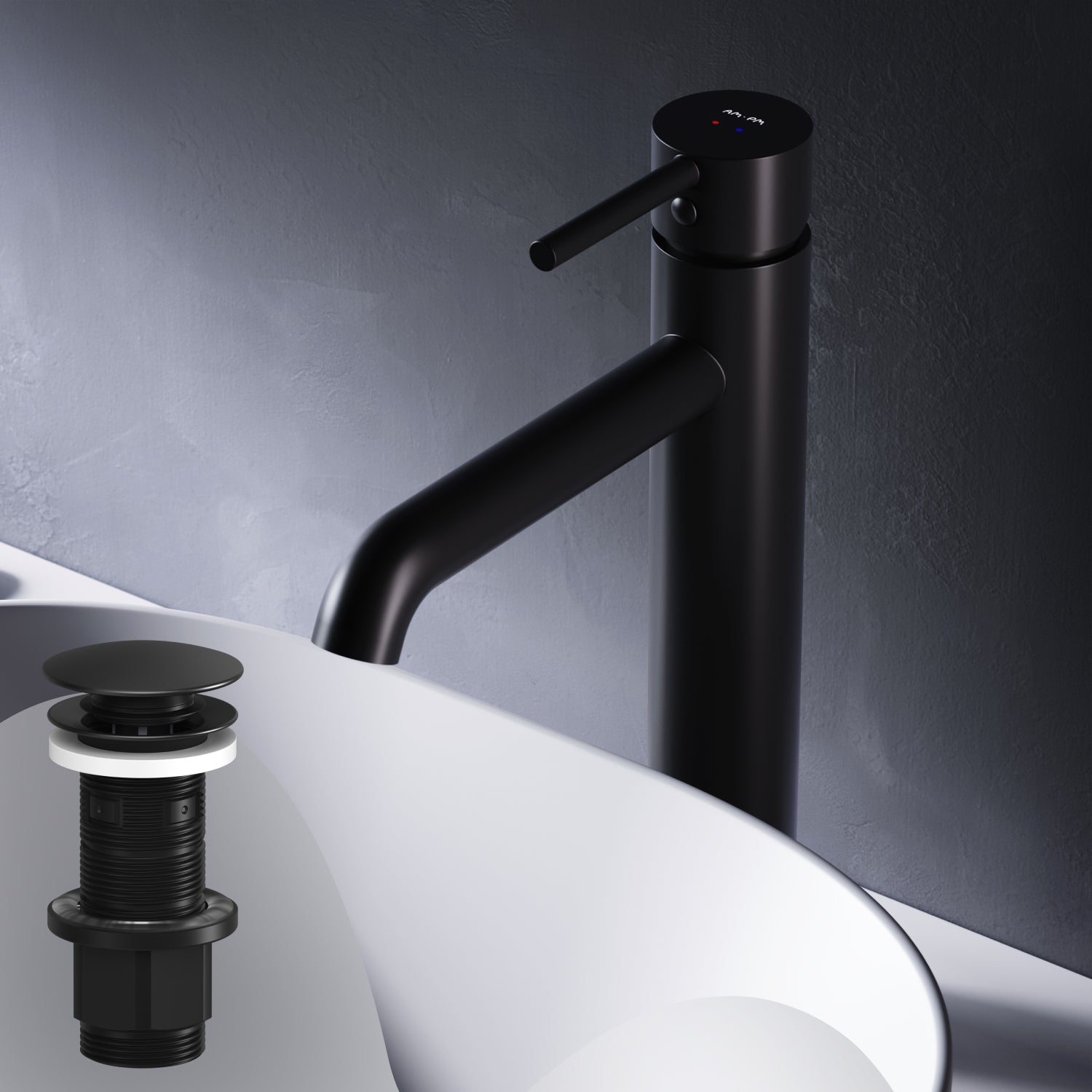 FPA92222 Bad Armatur Spike Waschtischarmatur Hoch mit Klick-Ablaufgarnitur Wasserhahn Schwarz