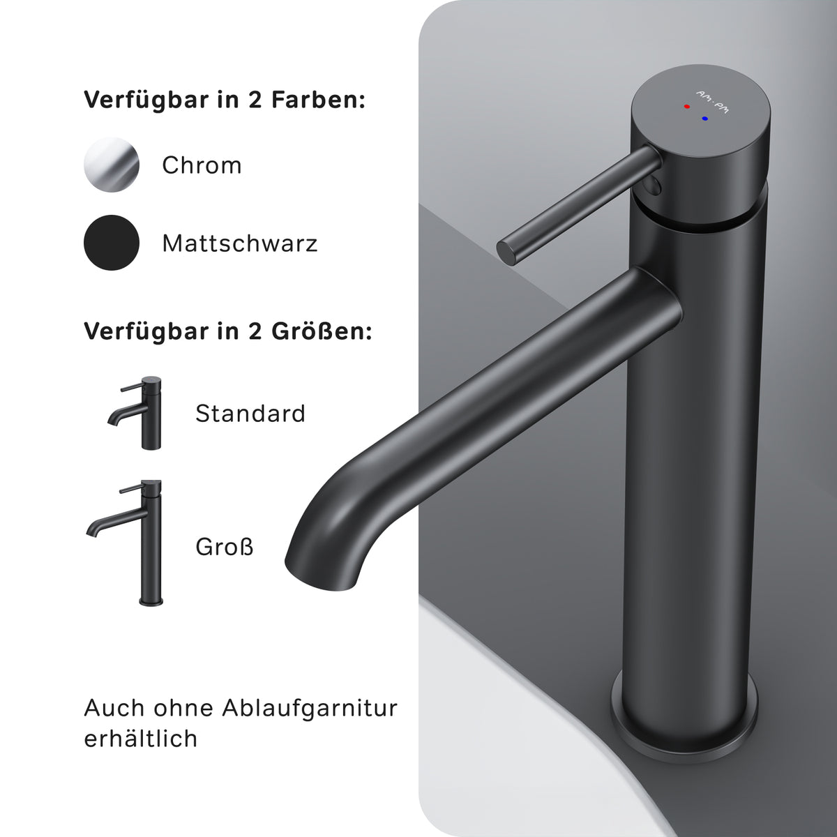 Robinet mitigeur de lavabo haut à pointe avec bonde clic, noir–FPA92222