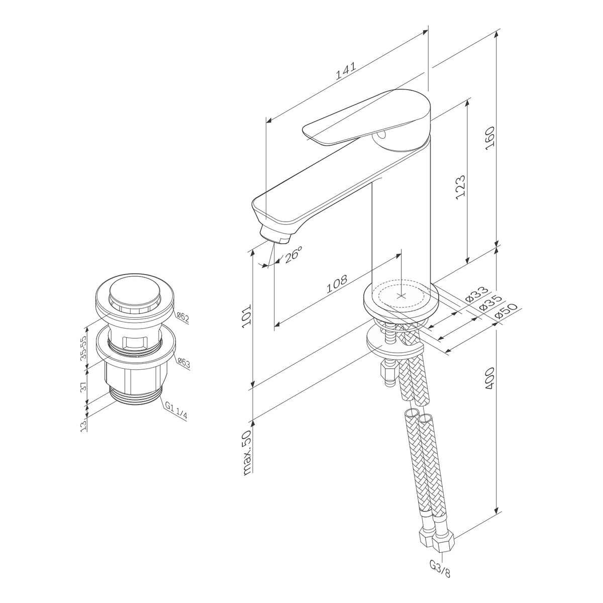 Actionnez le robinet du lavabo S-Dimensions avec raccord de vidange à enclenchement–FTA82100