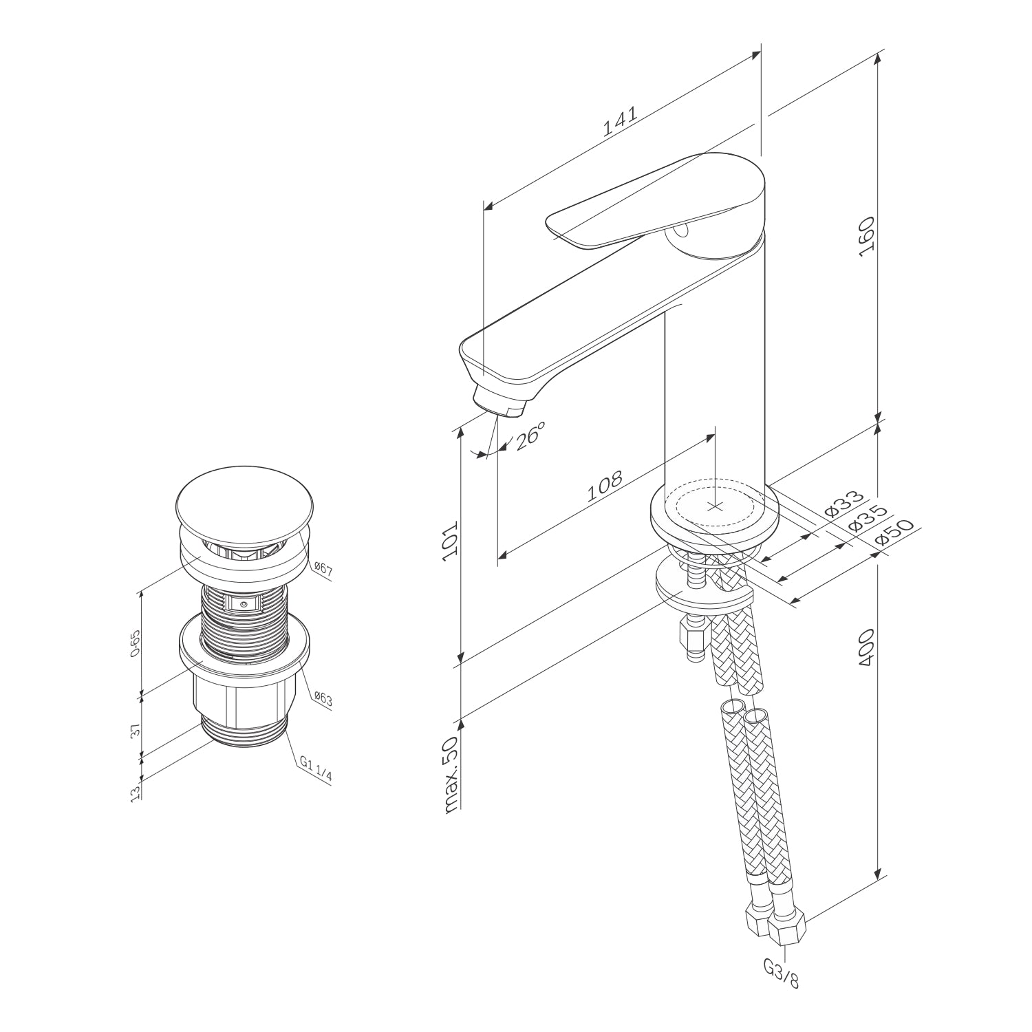 Robinet de salle de bain FTA82100 Robinet de lavabo Hit S-Taille avec robinet de vidange à clic
