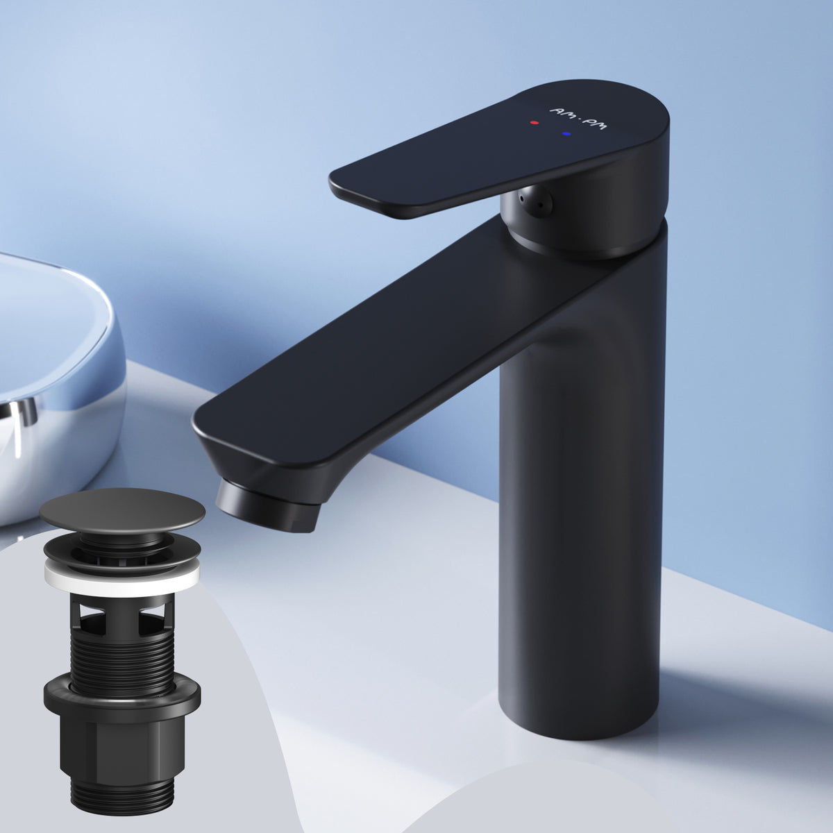 Actionnez le robinet du lavabo S-Taille avec raccord de vidange à clic, noir–FTA82122