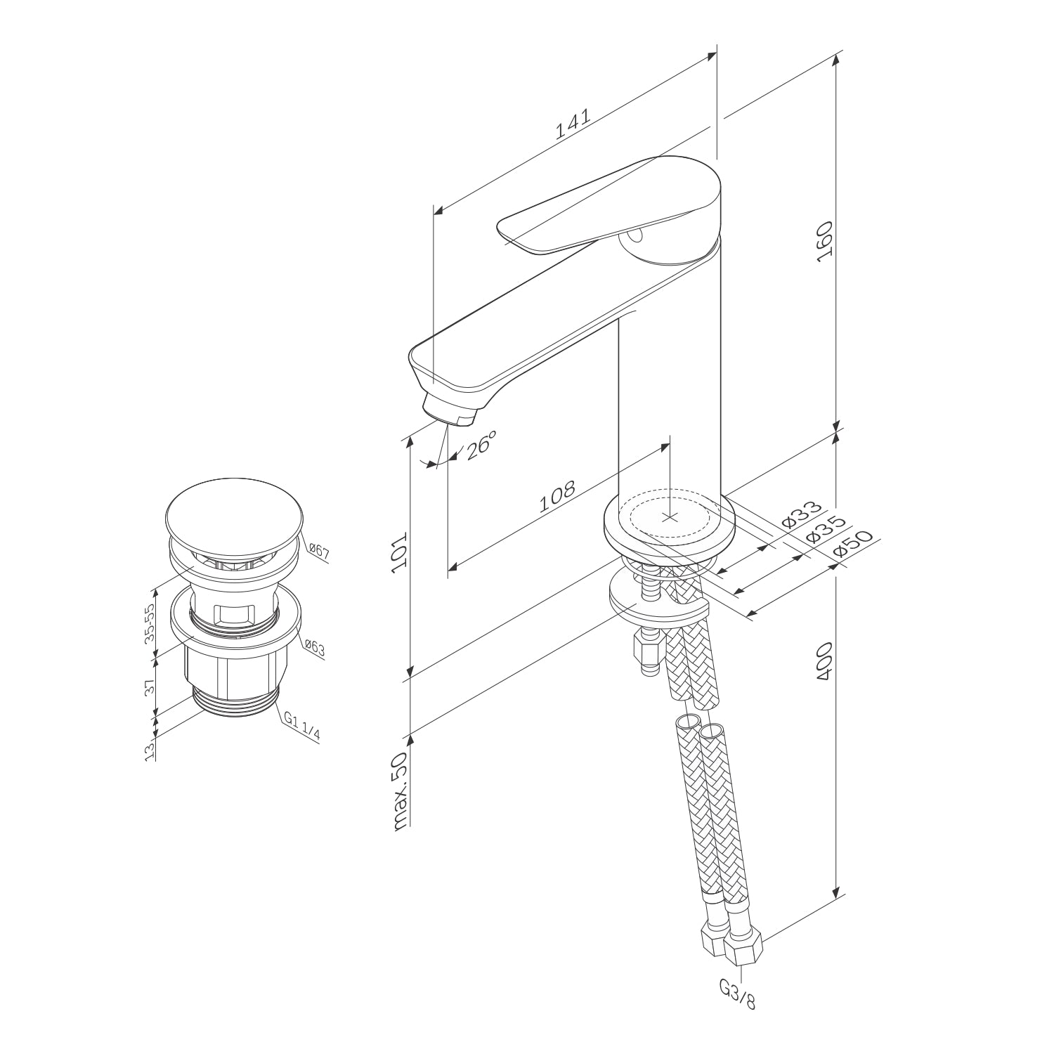 Robinet de salle de bain FTA82133 Robinet de lavabo Hit S-Taille avec robinet de vidange à clic, blanc