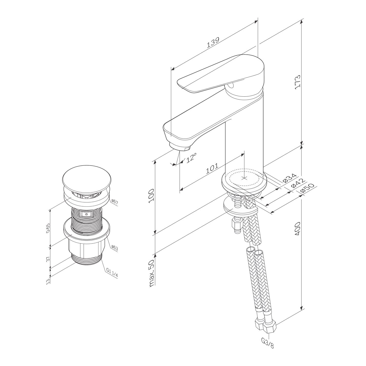 Robinet de salle de bain FTA82200 Robinet de lavabo Hit M-Taille avec robinet de vidange à clic